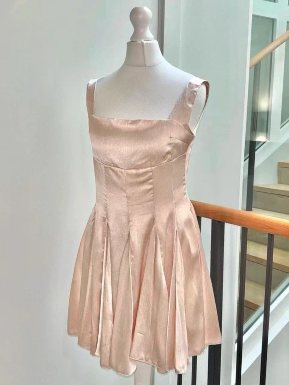 Square-Neck Satin Pleated Maxi Dress in Blush Pink